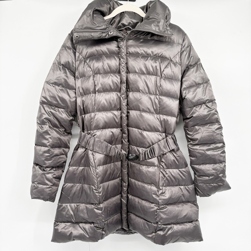 Dawn Levy Womens Gunmetal Metallic Belted Down Feather Puffer Parka Coat Size S